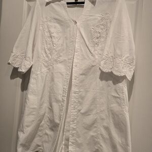 White Embroidered Cotton Button-Front Blouse